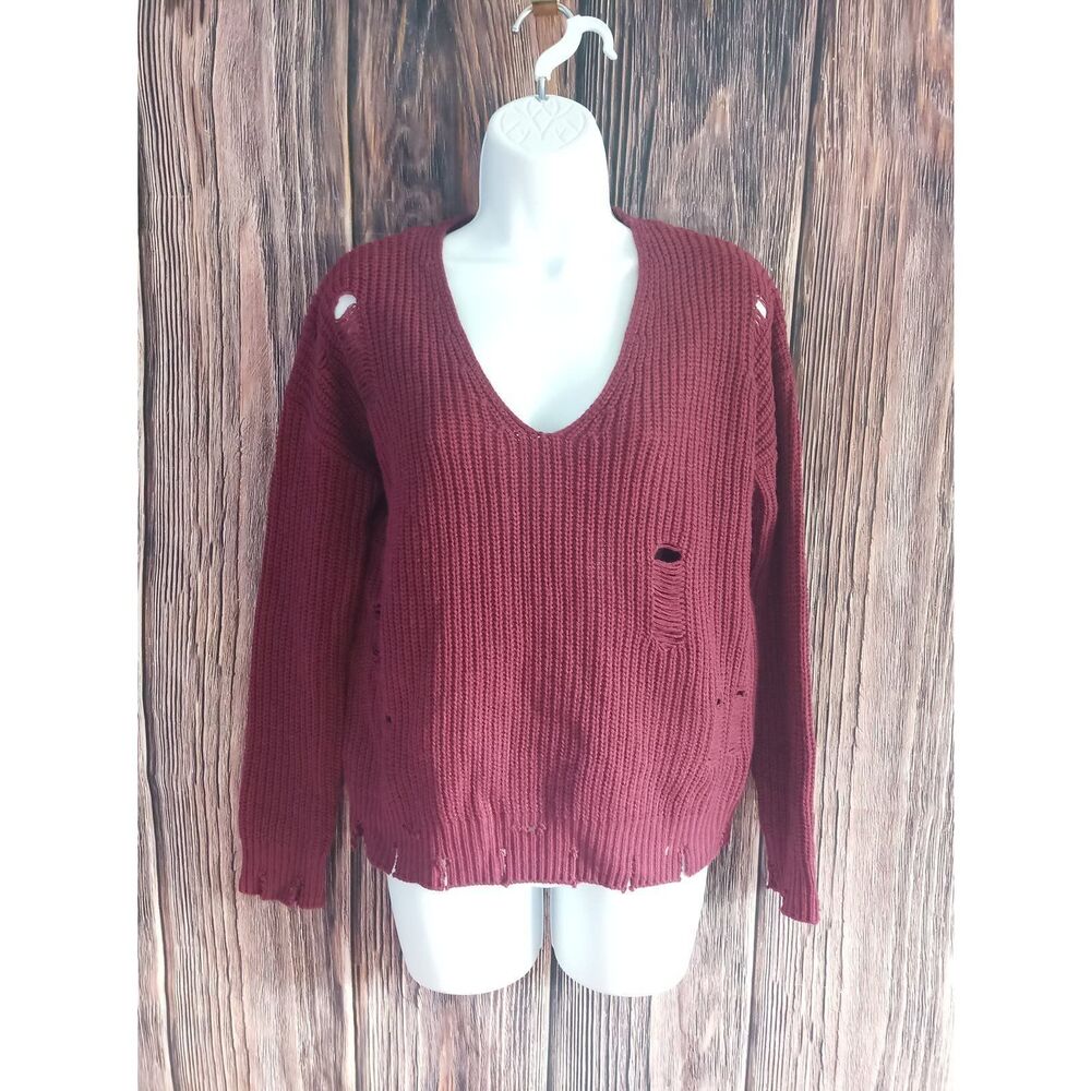 Sweet N Sinful Maroon Ripped Cut Up Looking Sweater Size Small